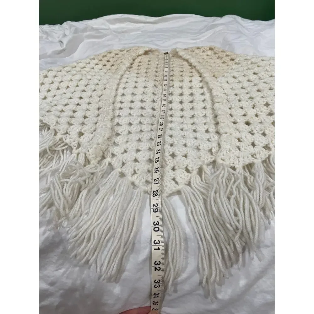 Vintage 70s Fringed Handmade Crocheted White & Cream Blanket Shawl Wrap